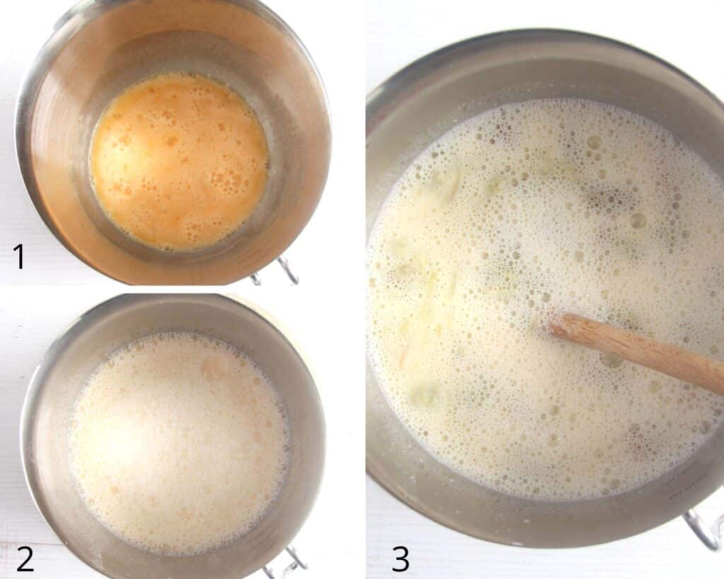 collage of three pictures of making the base for custard in a bowl.