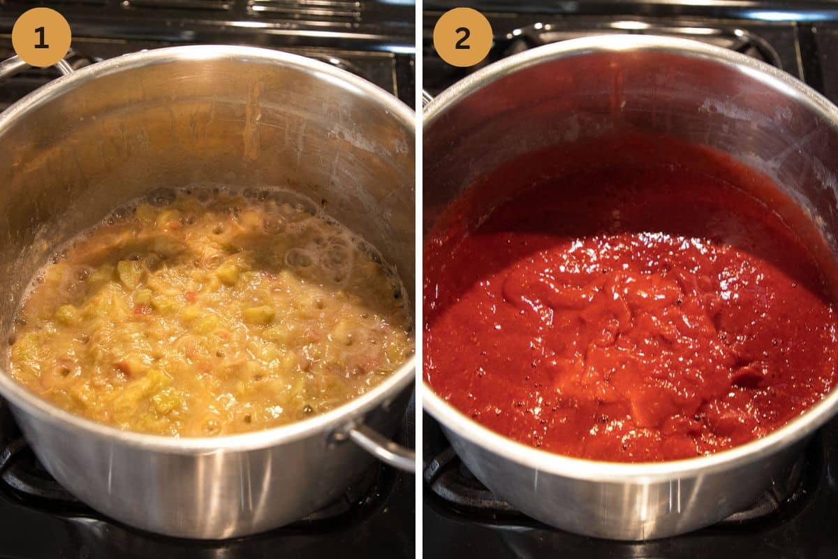 collage of two pictures of cooking rhubarb for jam and adding raspberries.