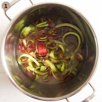 rhubarb peel and water in a large pot to make syrup.