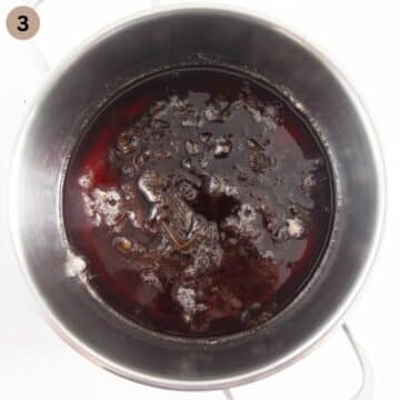 boiled rhubarb syrup in a pot.