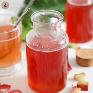 strained and bottled rhubarb syrup.