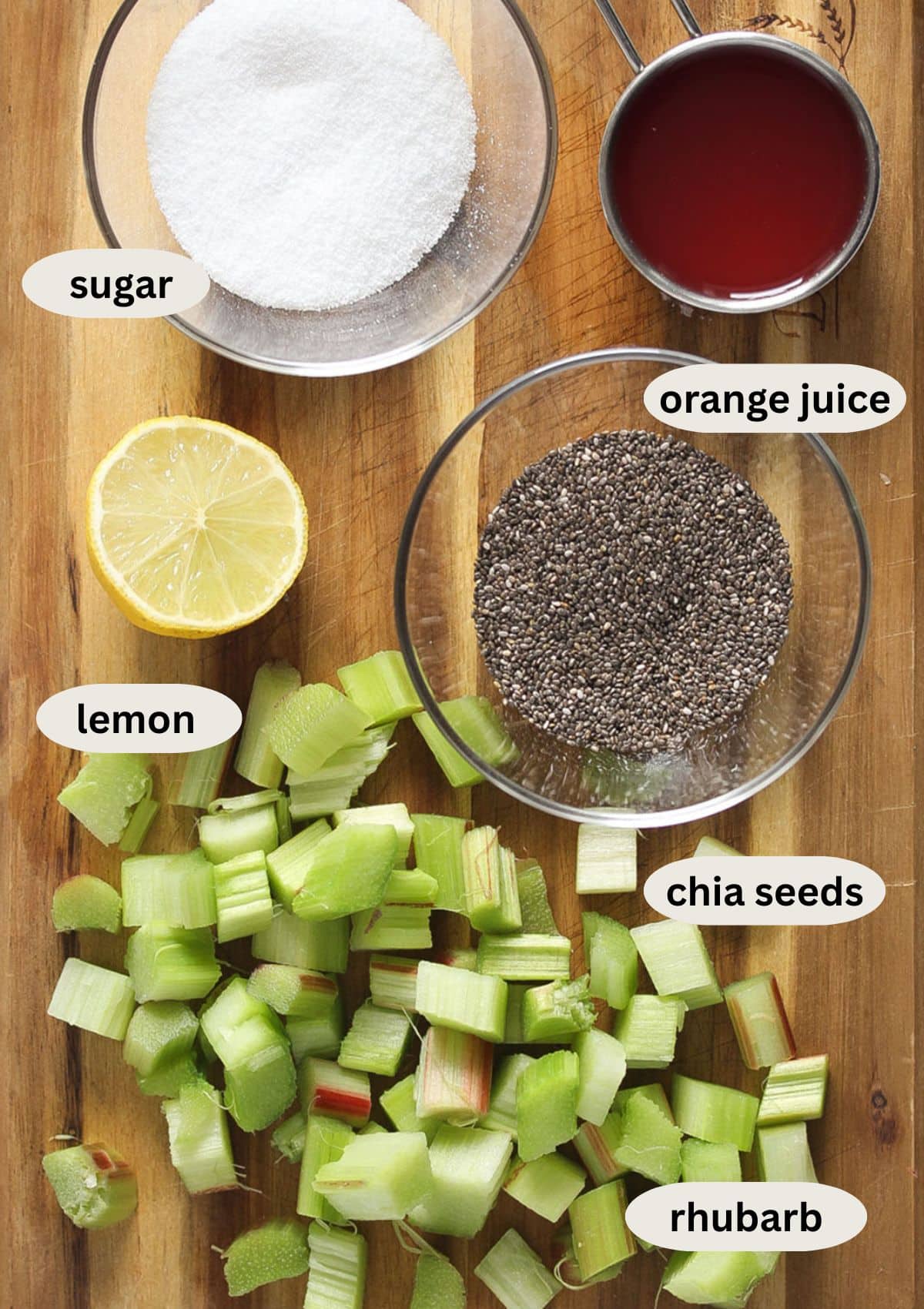 labeled ingredients for making sugar-free rhubarb jam with chia seeds, stevia and lemon.