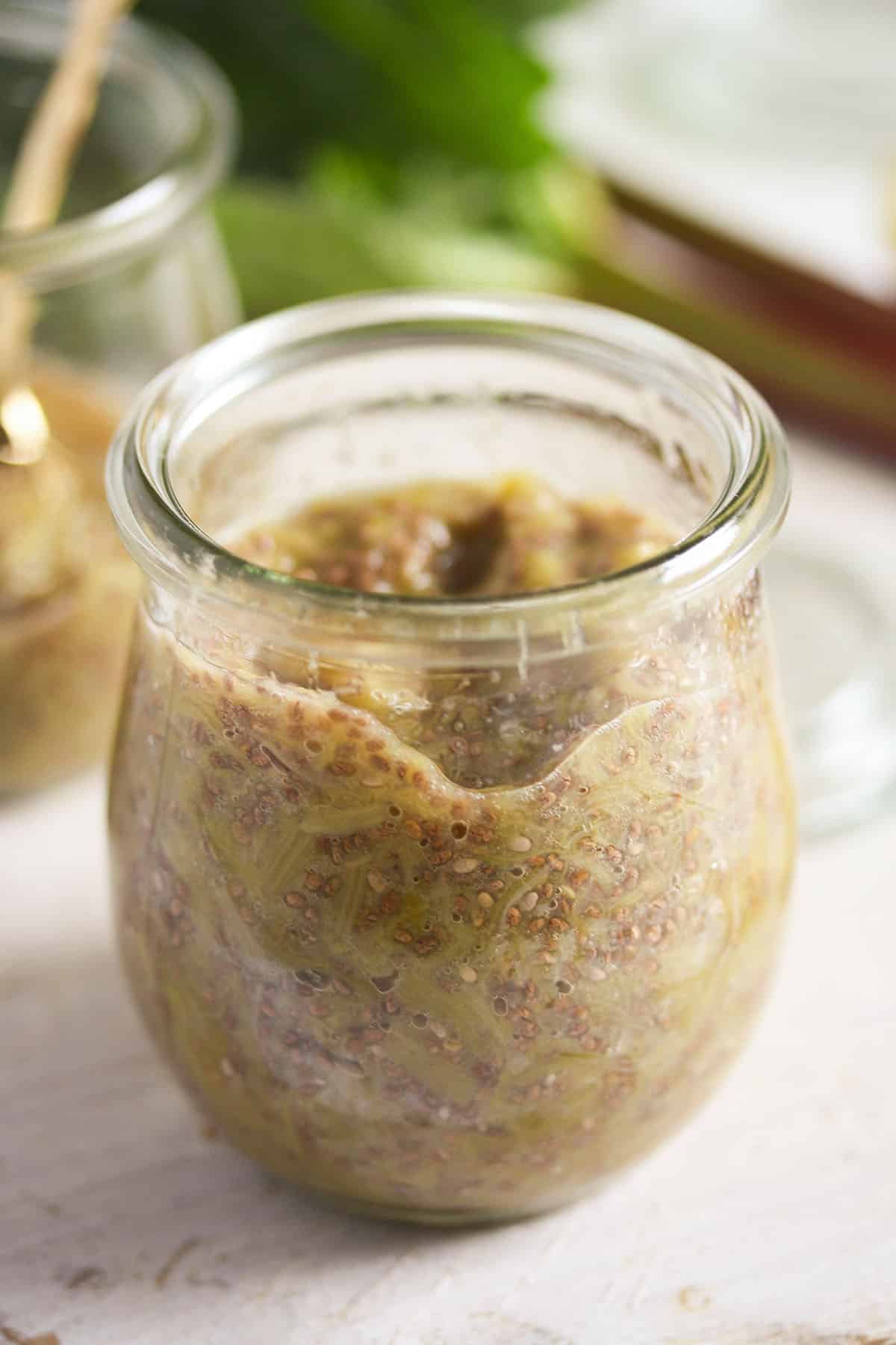 sugar free rhubarb jam with chia seeds and stevia in a jar.