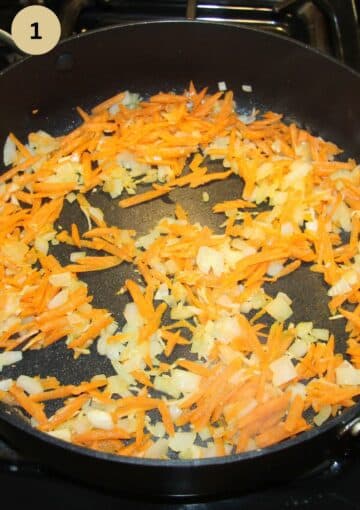 sauteing onions and carrots for making meat sauce for lasagna.