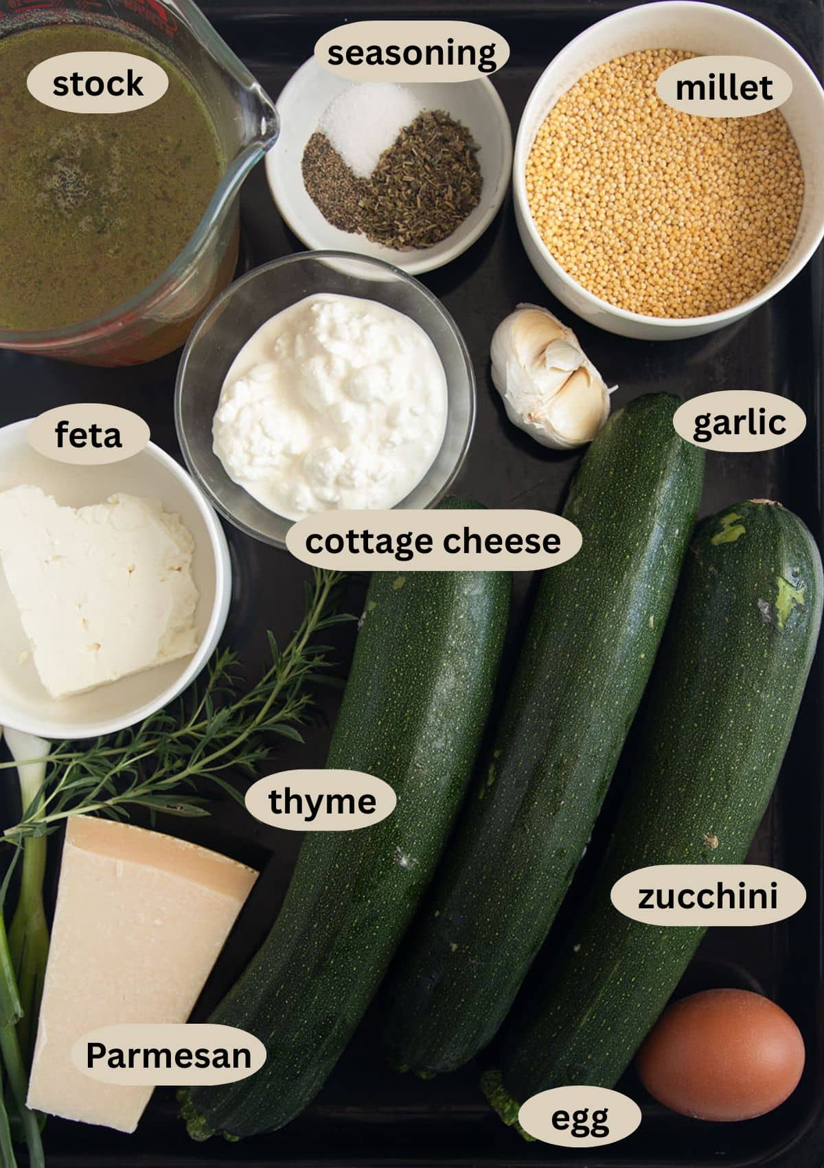 labeled ingredients for making zucchini with cottage cheese, feta, millet and parmesan.