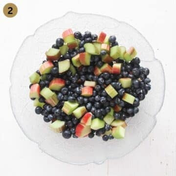 blueberries and chopped rhubarb mixed in a bowl.