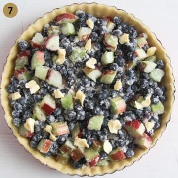 unbaked blueberry and rhubarb pie before covering with the second pie sheet.