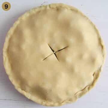 unbaked rhubarb and blueberry pie covered with dough.