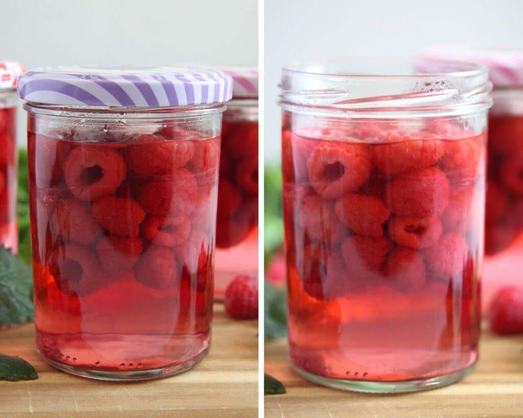 two jars of preserved berries in liquid