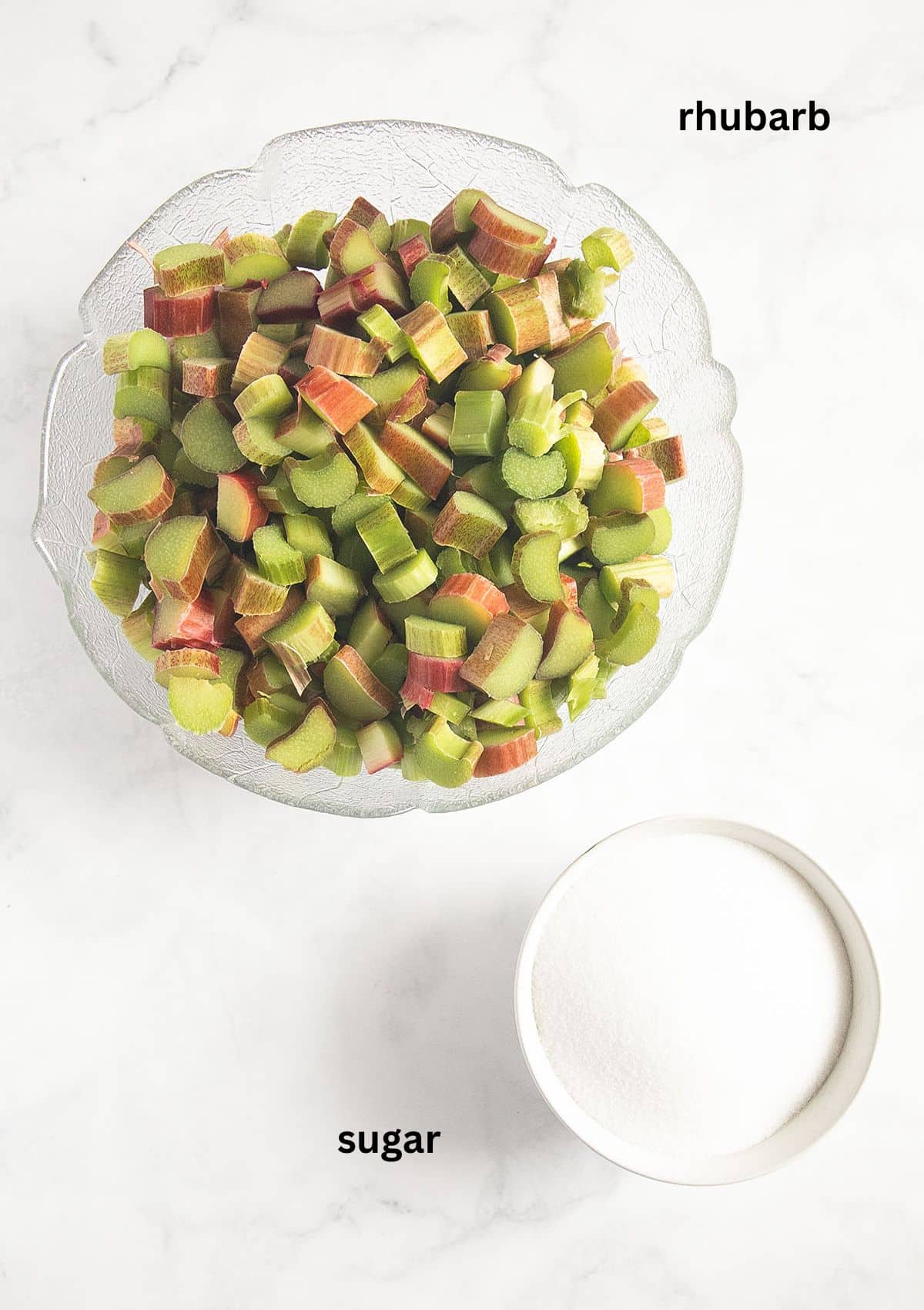 labeled bowls with rhubarb and sugar for canning rhubarb.