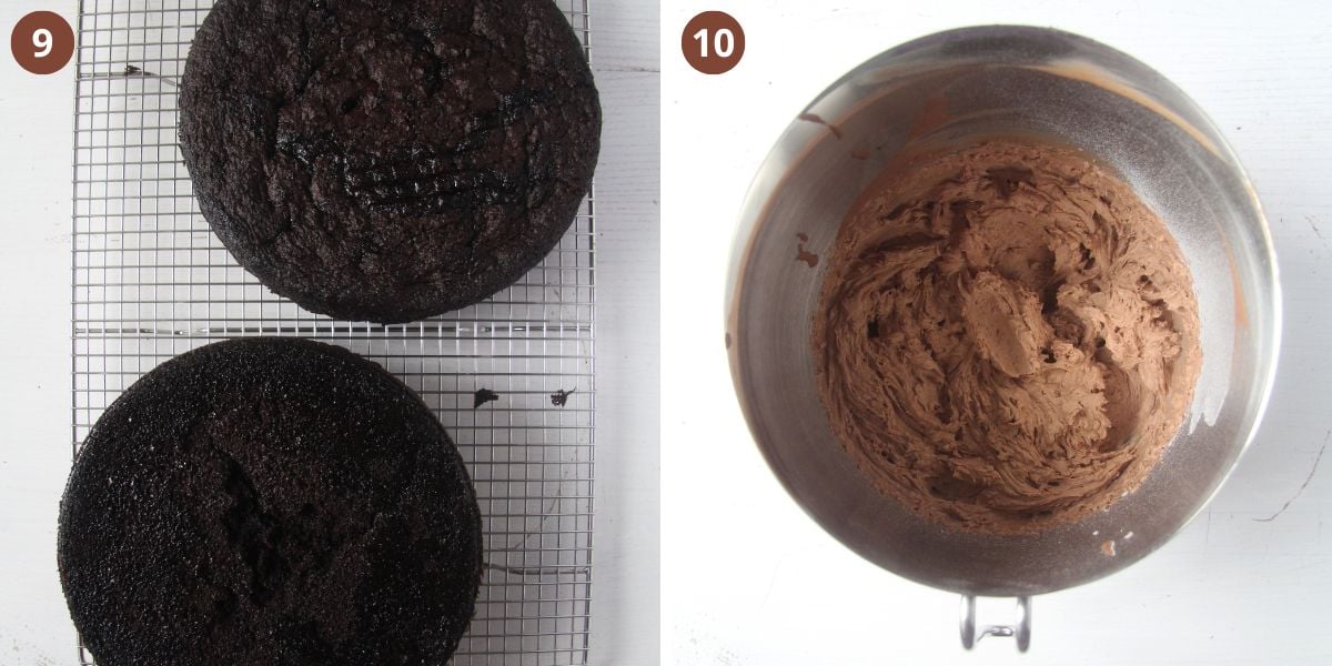 collage of two pictures of cut chocolate cake and the filling for it in a bowl.