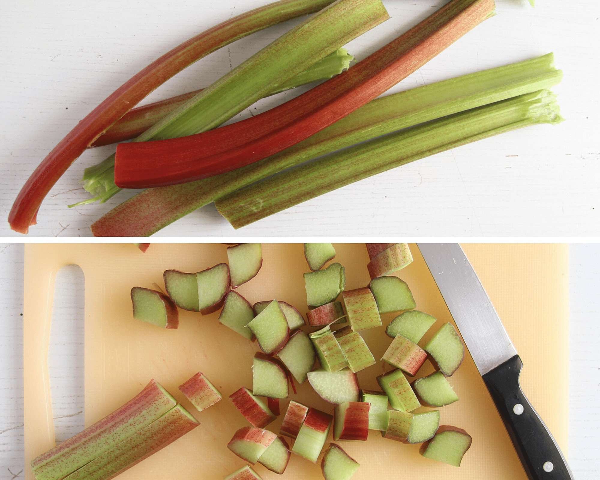 rhubarb stalks being chopped on a wooden board
