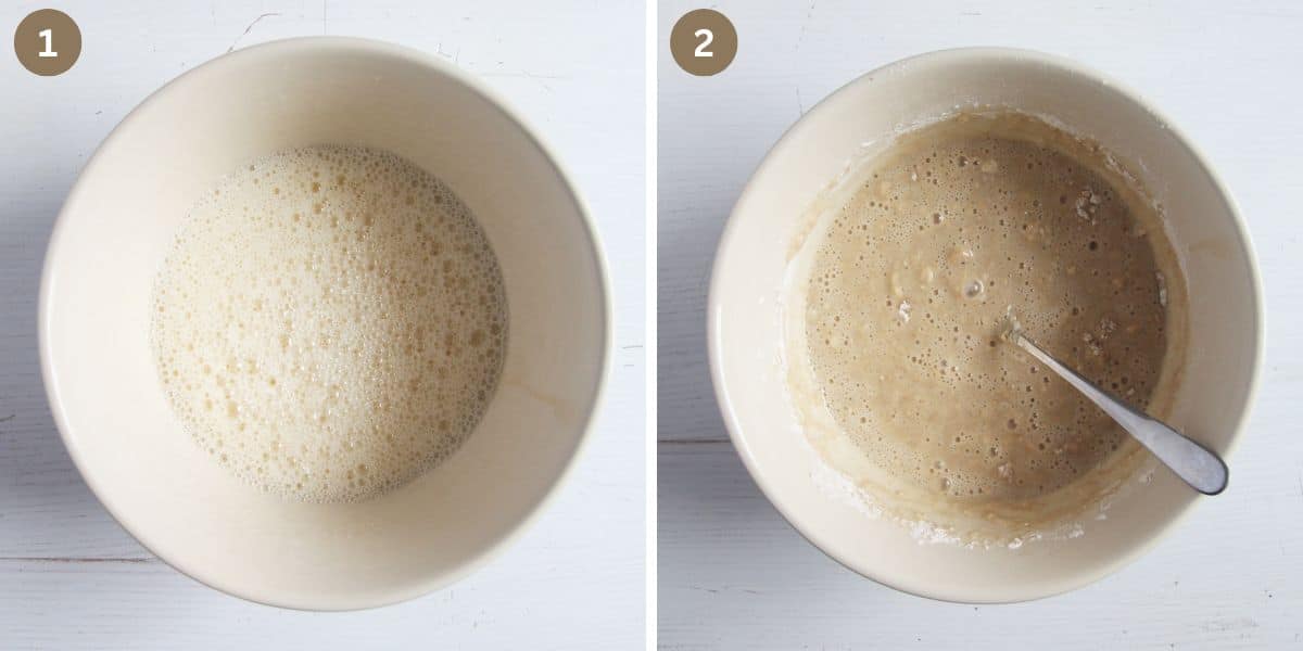 collage of two pictures of stirring batter in a bowl.
