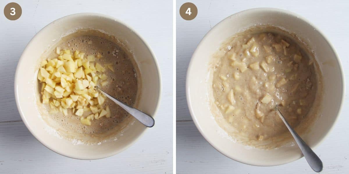 collage of two pictures of adding and mixing apples to batter for muffins.