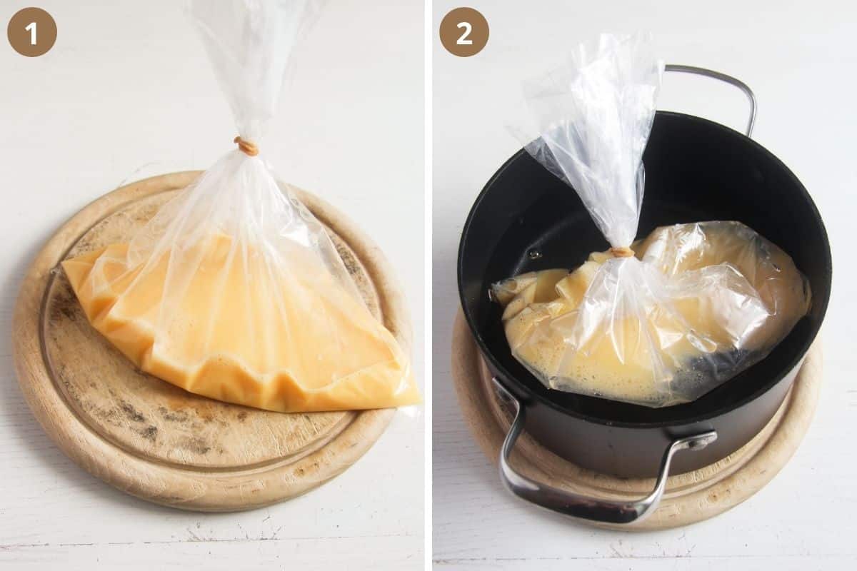 collage of two pictures of egg custard in a freezer bag and then in a cooking pot.