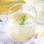 glass of elderflower gin with ice cubes and mint leaves.