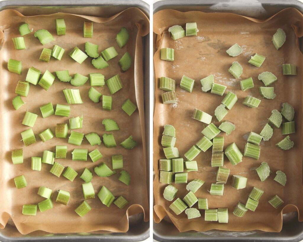 freezing rhubarb in a bakind dish
