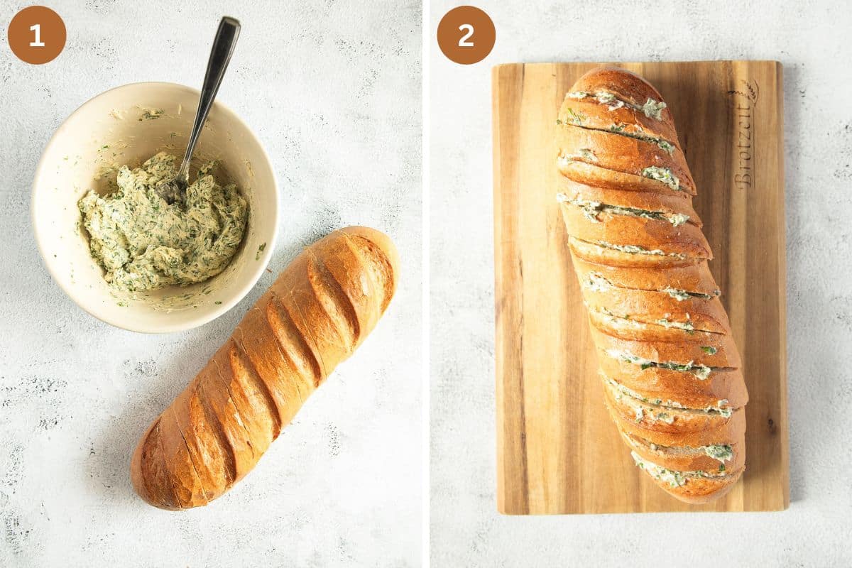 collage of two pictures of baguette and garlic butter in a bowl and then the stuffed bread.
