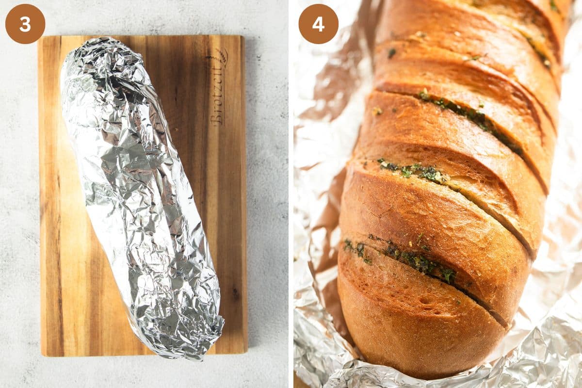 collage of two pictures of a baguette wrapped in foil and then unwrapped after baking.