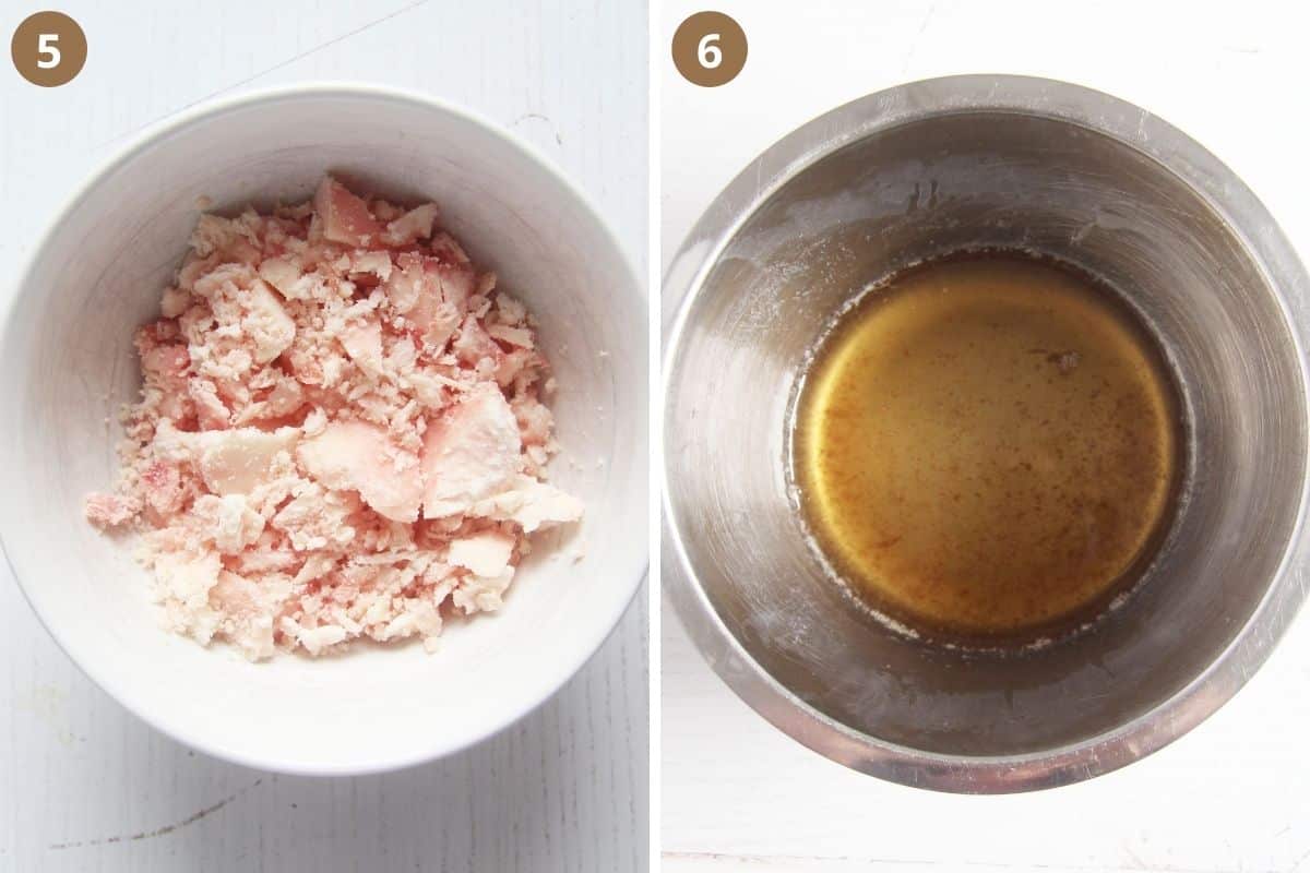 collage of two pictures of raw bone marrow and then melted in a pot.