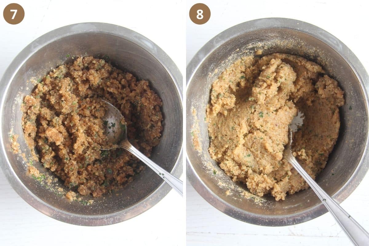 collage of two pictures of mixing ingredients for marrow dumplings in a bowl.