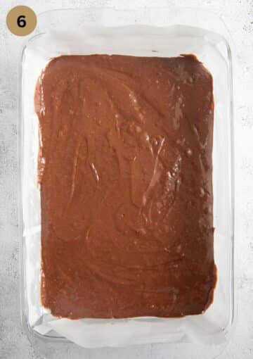 chocolate batter for brownies in a large baking dish.