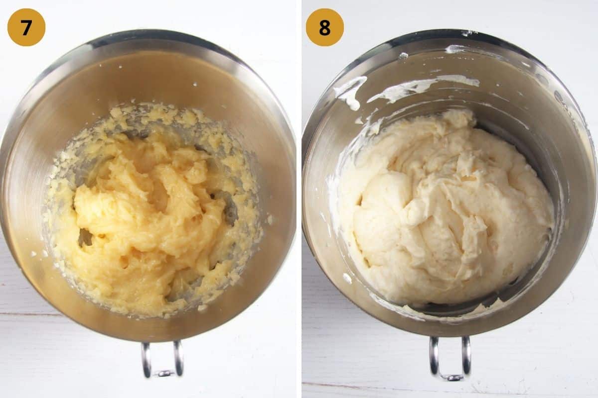 collage of two pictures of beating lemon curd and then mixing it with whipped cream.