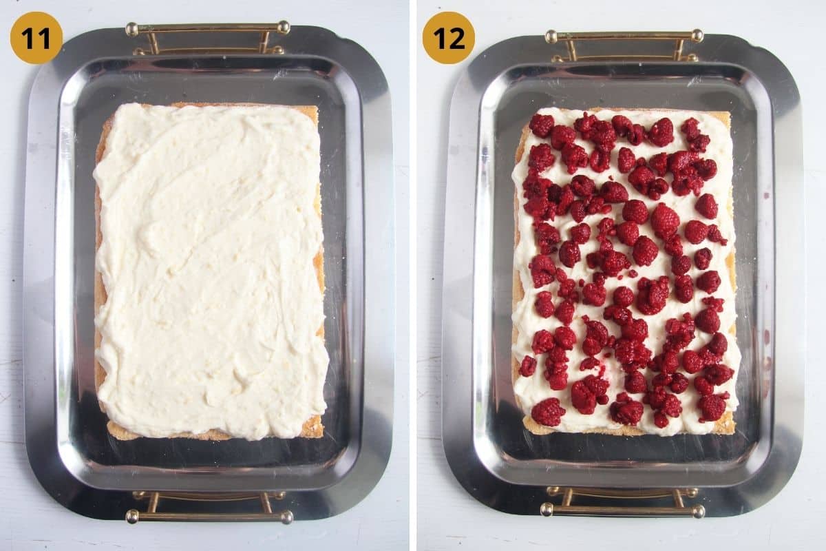 collage of two pictures of filling cake with lemon curd and raspberries.