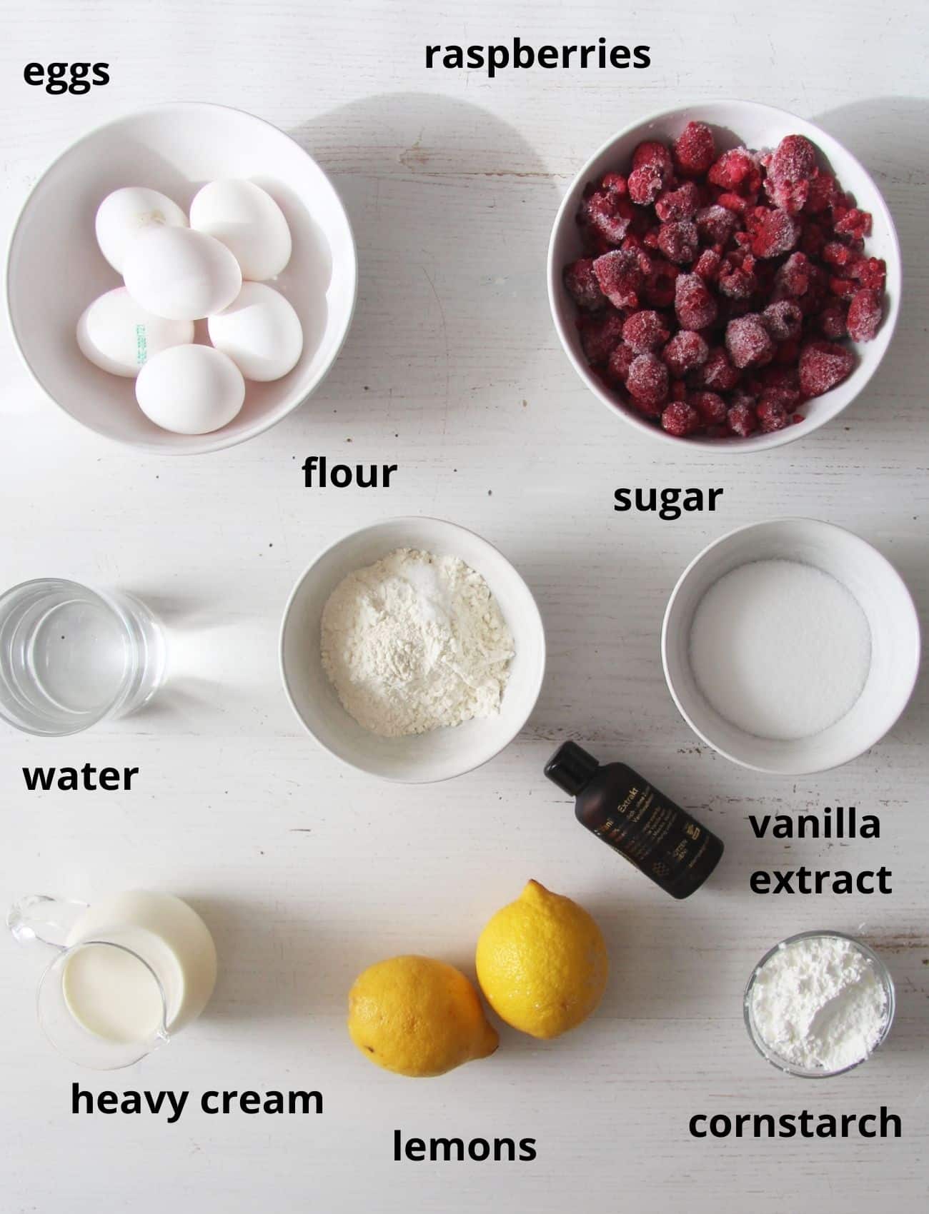 listed ingredients for cake with raspberries and lemon curd.
