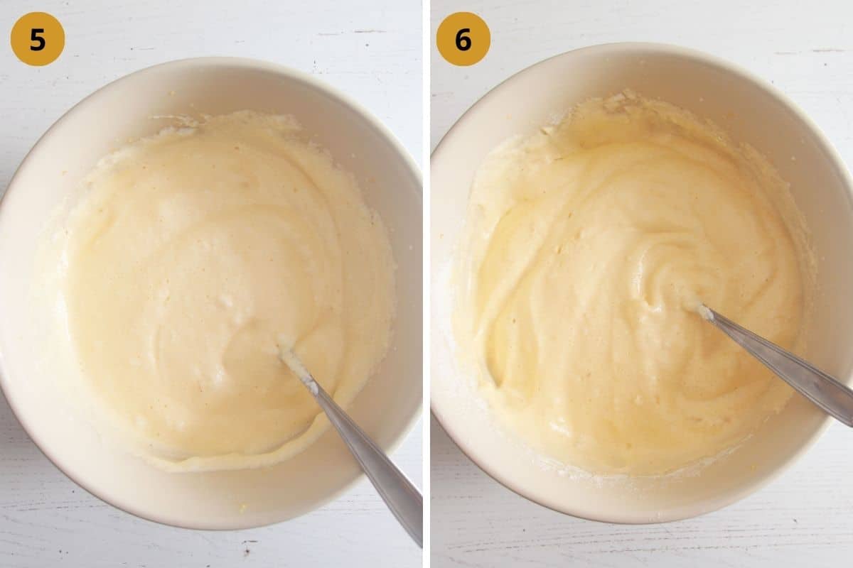 collage of two pictures or making batter in a bowl.