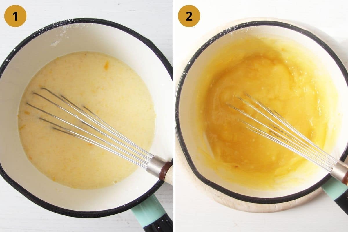 collage of two pictures of making lemon curd in a small pot.