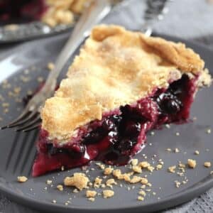 slice of rhubarb blueberry pie with oozing filling on a small plate.