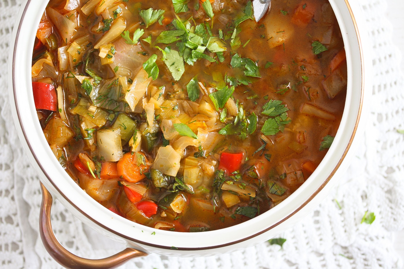 soup serving dish with cabbage, peppers and carrots