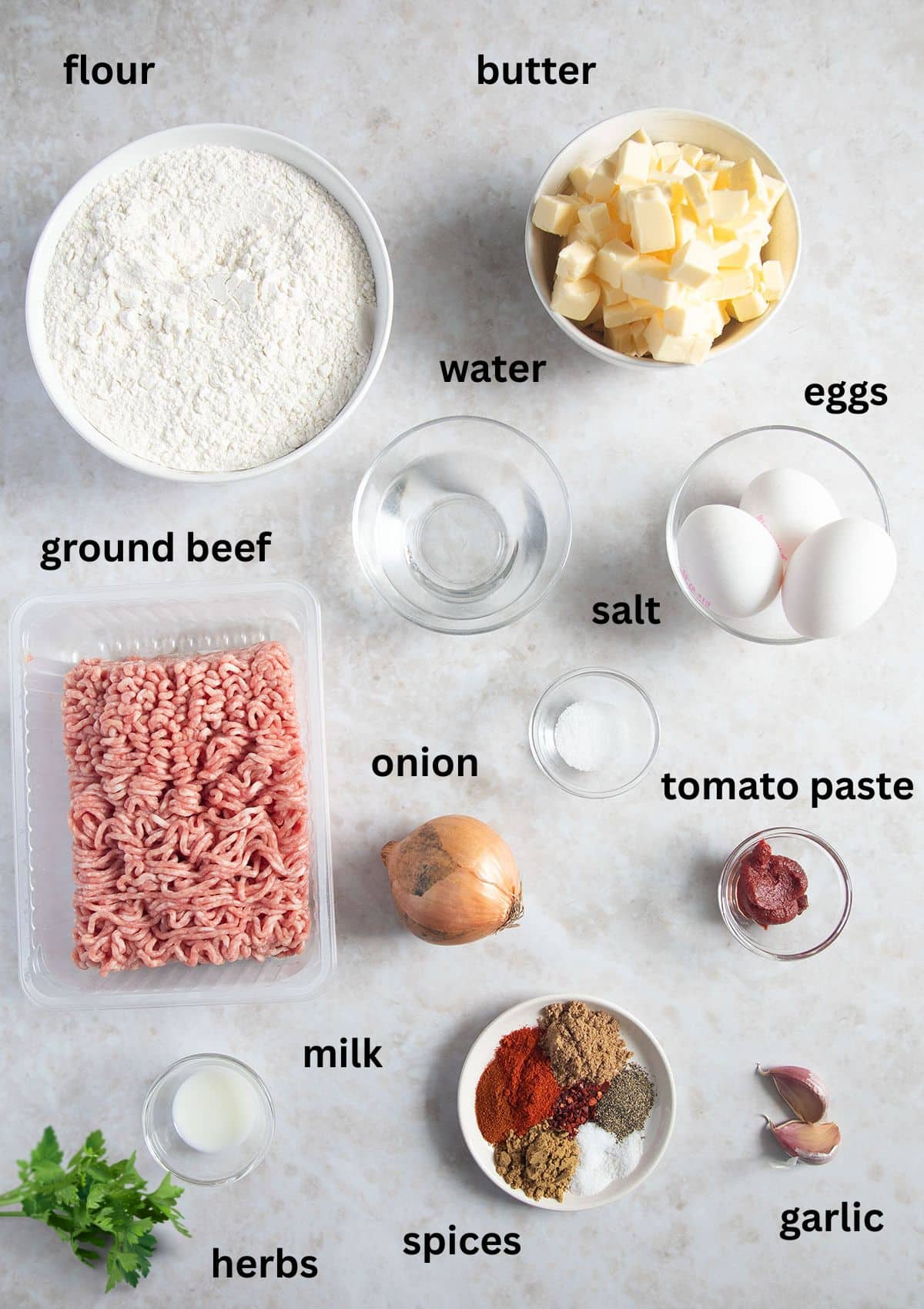 labeled ingredients for making empanadas with beef and many spices.