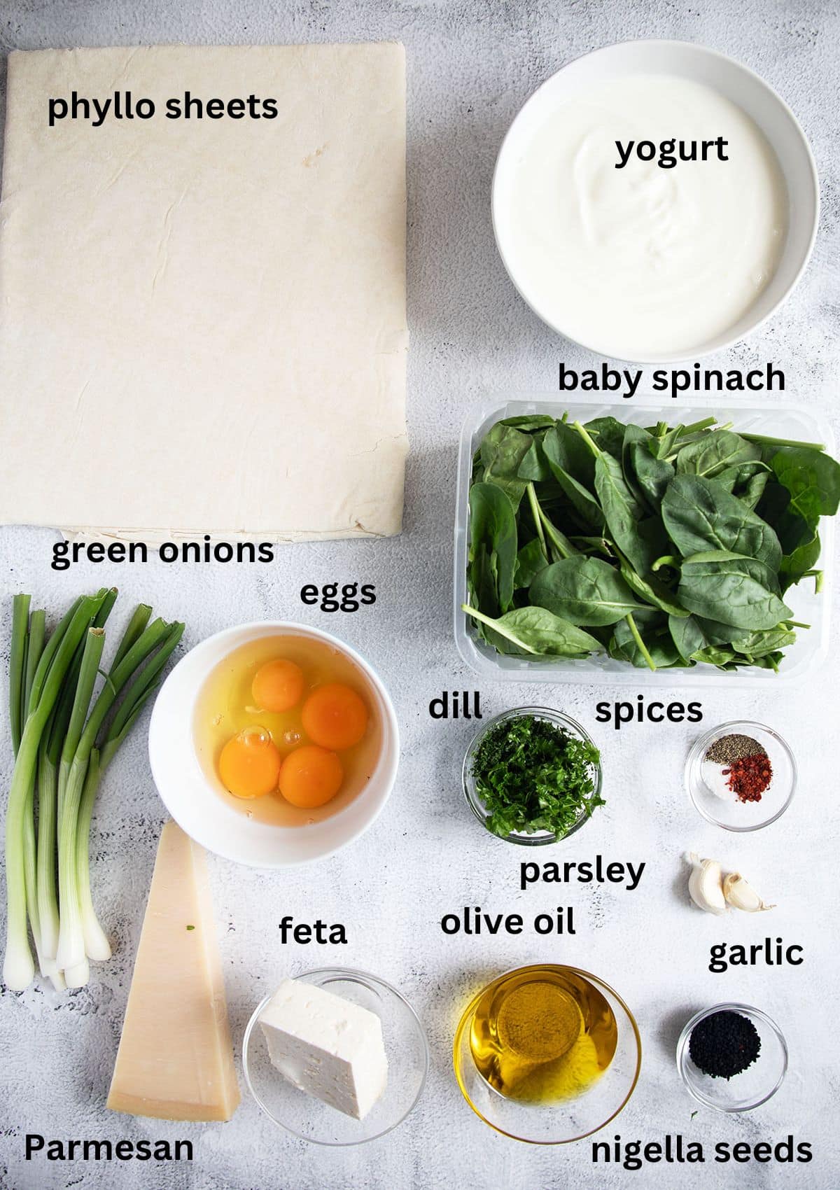 listed ingredients for making turkish borek with spinach, green onions, phyllo sheets, eggs, parmesan.