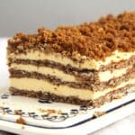 rectangular, three-layered romanian walnut buttercream cake on a vintage platter.