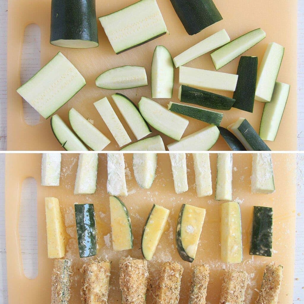 sliced zucchini pieces coated with flour, eggs and breadcrumbs