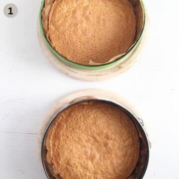 two baked sponges for bakewell cake in small springforms.
