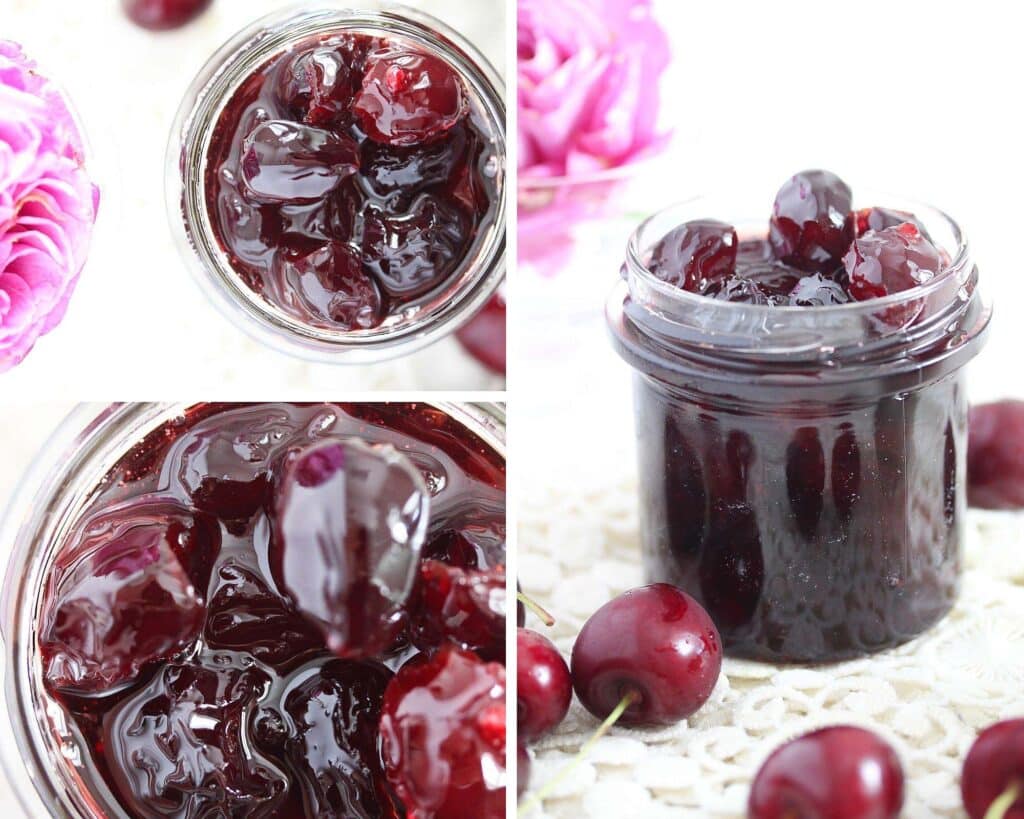 preserved glossy cherries in small jars