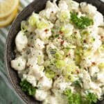 pin image with the title cauliflower mayo salad.