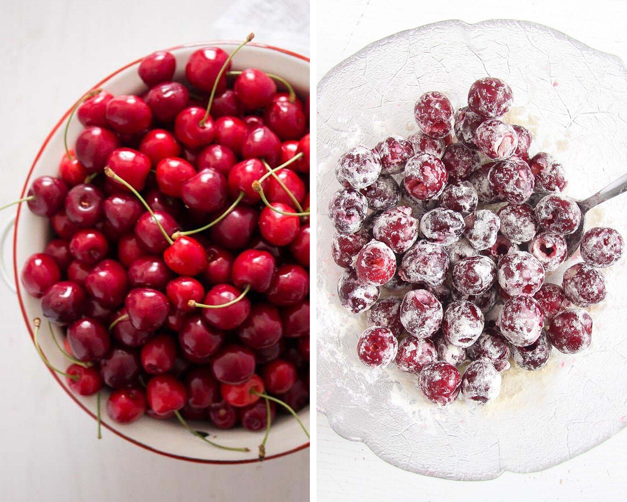 fresh cherries in a bowl and coated with flour in another bowl