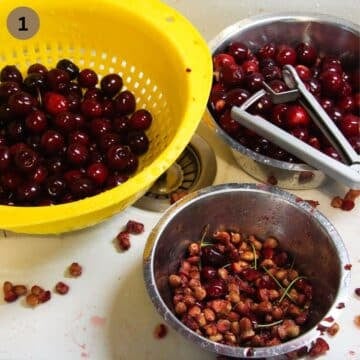 pitting cherries using a cherry pitter, one bowl with pits, one with cherries and one yellow sieve with washed cherries.