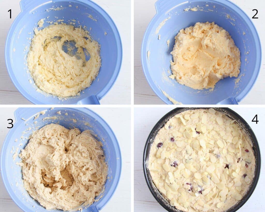 mixing batter in a blue bowl and cake batter in a black tin