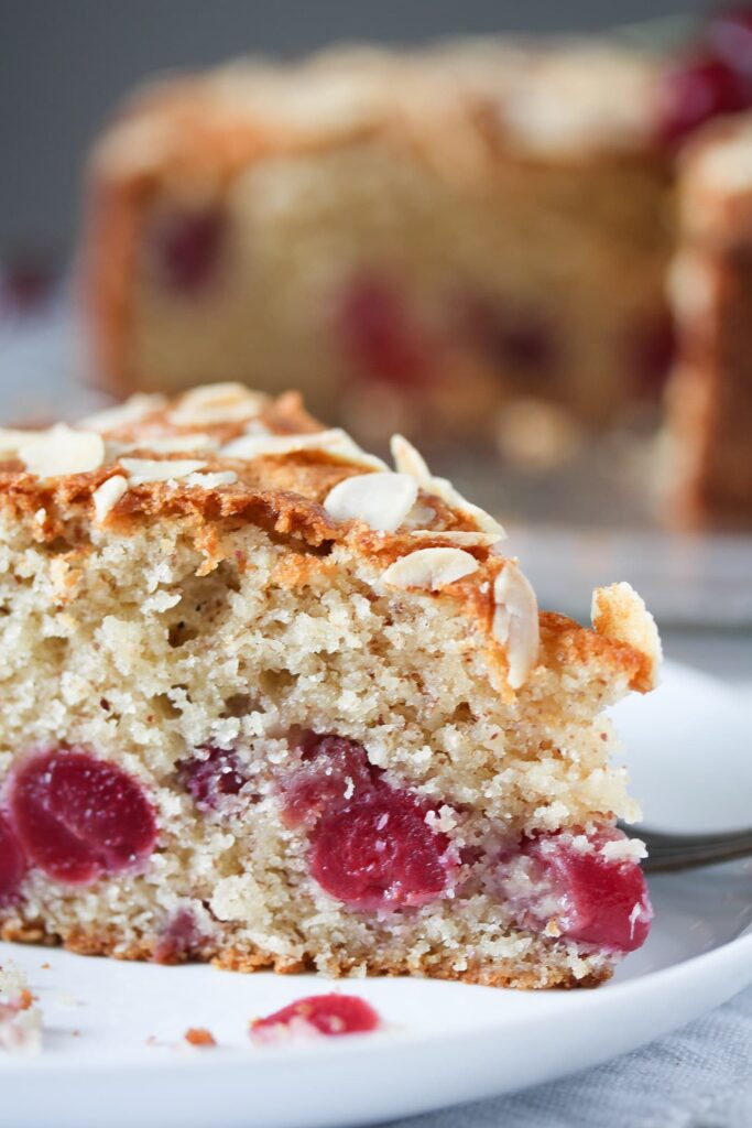 close up slice of cake with cherries