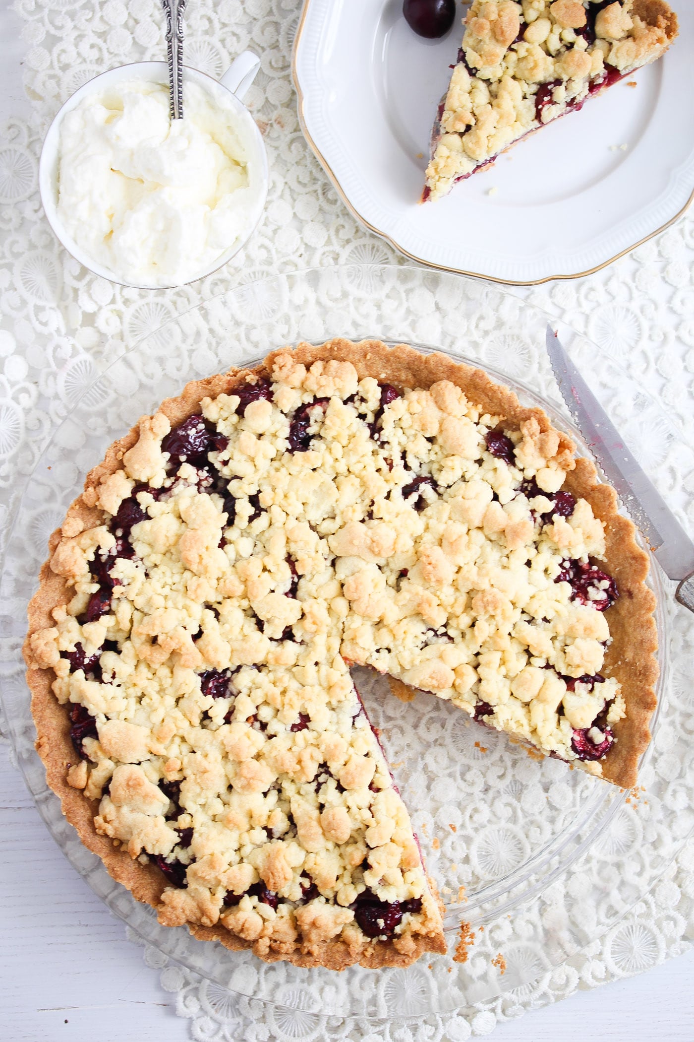cherry tart with whipped cream on the side