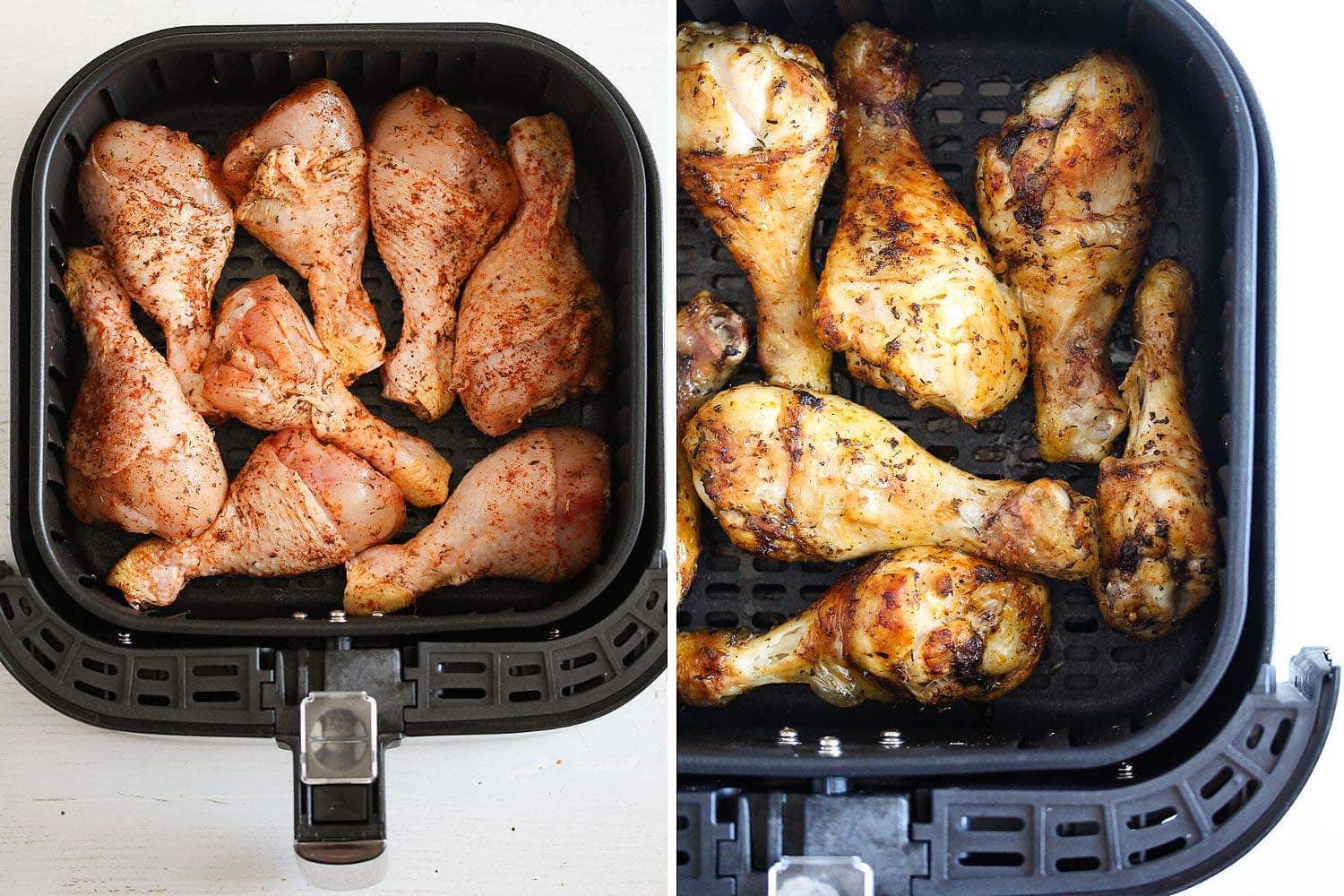 chicken legs in the basket of an air fryer before and after cooking