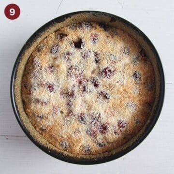 golden baked cherry coconut cake in a springform.