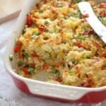 ham, cheese, and pasta bake in a casserole dish.