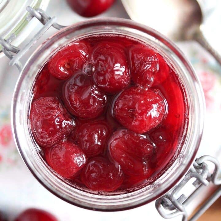 jar of cherries in kirsch seen from above