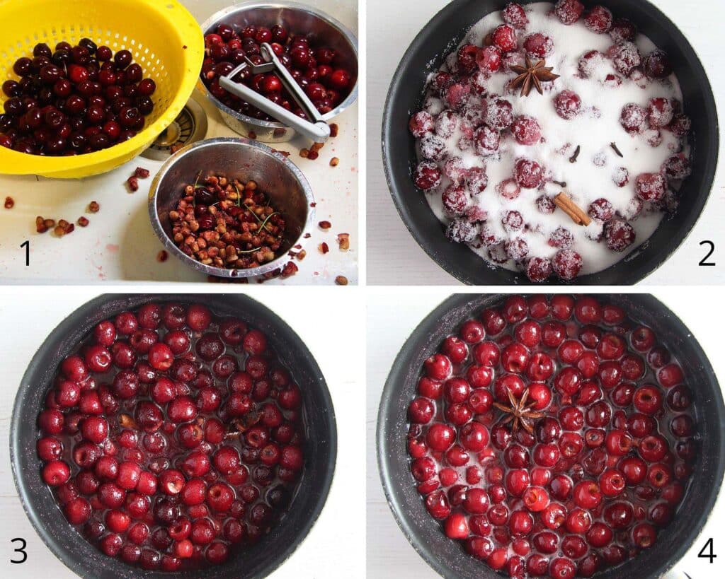 pitting cherry, mixing with sugar and boiling